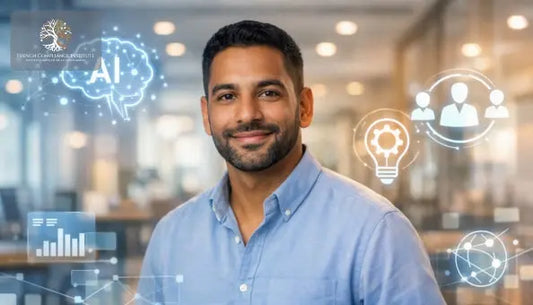 Professional business leader in a modern office with AI, analytics, and digital collaboration icons, representing artificial intelligence, innovation, leadership, and digital transformation in the workplace.