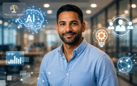 Professional business leader in a modern office with AI, analytics, and digital collaboration icons, representing artificial intelligence, innovation, leadership, and digital transformation in the workplace.