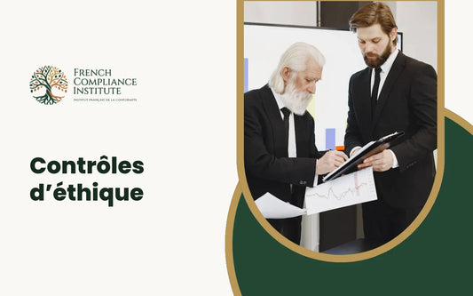 Bannière de formation sur les contrôles éthiques internes, avec des professionnels analysant des documents pour la conformité.