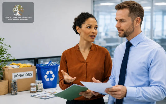 Two business professionals discussing sustainability and corporate social responsibility initiatives in an office environment with donation boxes and recycling bins in the background.