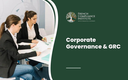 Corporate Governance and GRC course cover with professional women in a business meeting and French Compliance Institute branding.