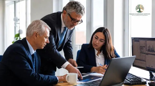 Three business professionals in a modern office reviewing financial reports and compliance data on laptops and monitors during a strategic corporate meeting