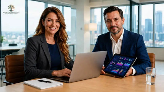 Two business professionals working together in a modern office, reviewing analytics on a tablet and laptop during a corporate strategy and digital performance meeting.