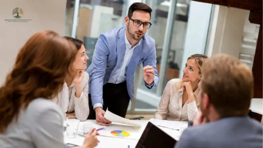 Business team meeting in a modern office with a manager presenting ideas and project updates to colleagues during a collaborative corporate strategy discussion.