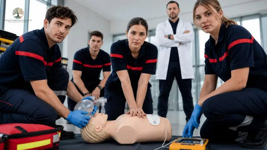 Emergency response team performing CPR and first aid training on a medical mannequin during a practical healthcare and workplace emergency preparedness session.