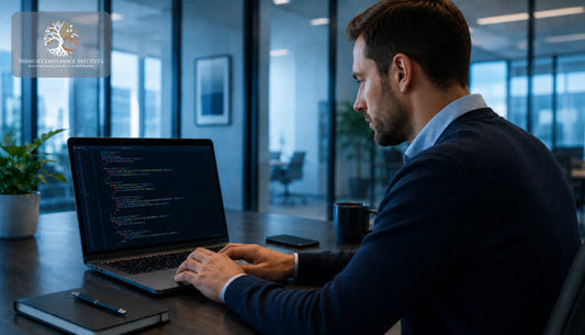 A focused individual coding on a laptop in a modern office setting, with a display showcasing cybersecurity and information risk management data, including graphs and security locks. The subtle logo in the corner adds a professional touch, emphasizing the importance of security in the digital landscape.