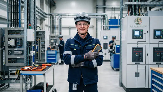 Electrical safety specialist holding a multimeter in a modern industrial control facility.
