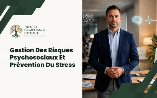 Dirigeant d’entreprise dans un bureau moderne avec des icônes représentant la productivité numérique et le bien-être mental, illustrant la performance au travail, la gestion du stress, le leadership et l’efficacité organisationnelle.