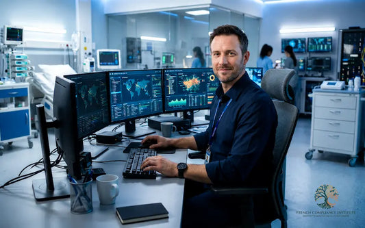 Expert en cybersécurité hospitalière en France surveillant les systèmes informatiques et la conformité à la directive NIS2