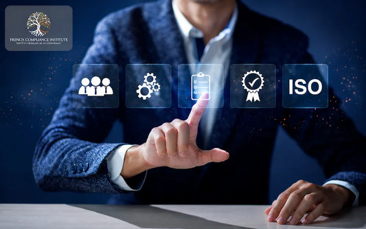 Business professional interacting with digital ISO compliance and certification icons in a modern corporate environment, representing quality management, auditing, governance, and international standards compliance.
