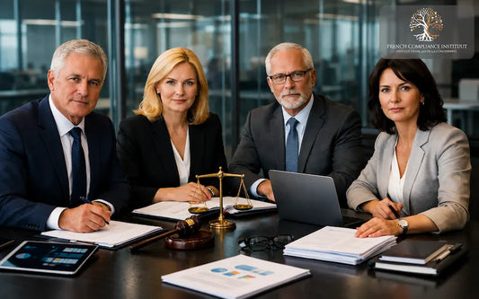 Professional legal and compliance team meeting in a modern boardroom with business executives reviewing documents, governance reports, and corporate compliance strategies.