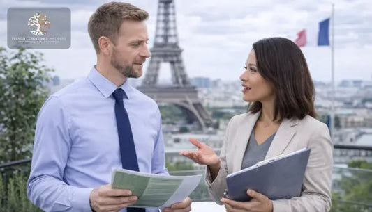Two business professionals discussing compliance and corporate strategy in Paris with the Eiffel Tower and French flag in the background, representing international business and professional collaboration in France.