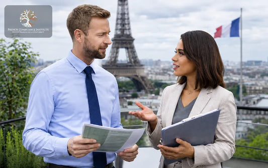 Two business professionals discussing compliance and corporate strategy in Paris with the Eiffel Tower and French flag in the background, representing international business and professional collaboration in France.