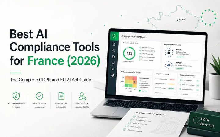 AI compliance dashboard in modern French office with GDPR and EU AI Act governance visuals