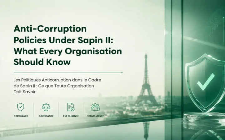 Minimal corporate infographic-style feature image on Anti-Corruption Policies under Sapin II with Paris skyline, compliance icons, and emerald-green cinematic tone
