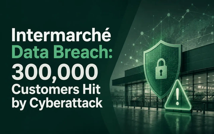 Intermarché data breach affecting 300,000 customers, illustrated with a supermarket, cybersecurity shield, warning alert, and digital network.