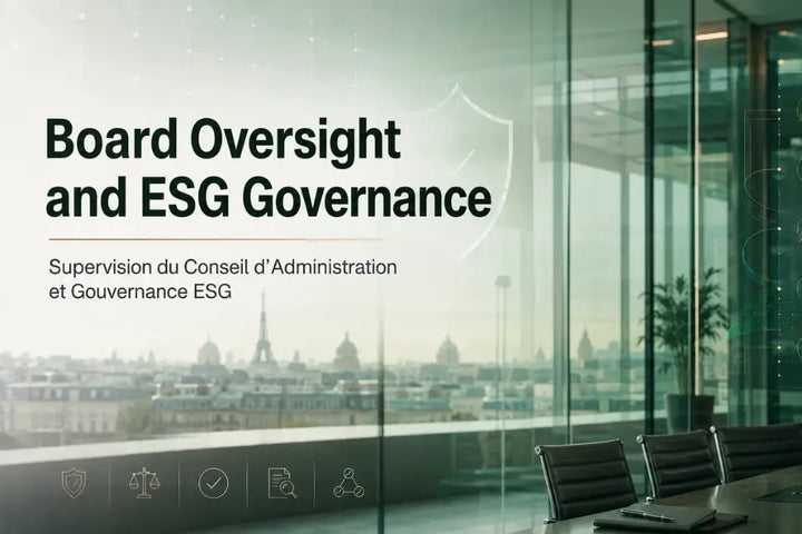 Board oversight and ESG governance hero image with Paris skyline, executive boardroom, compliance icons, and emerald corporate design.