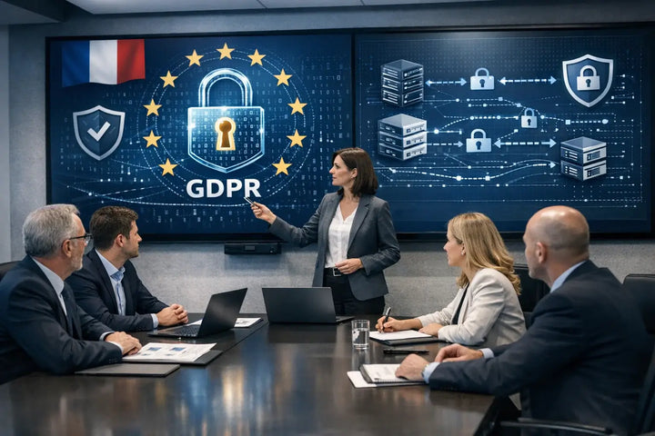 Réunion professionnelle sur la conformité RGPD avec présentation de la protection des données, de la cybersécurité et de la gouvernance numérique dans un environnement d’entreprise européen.