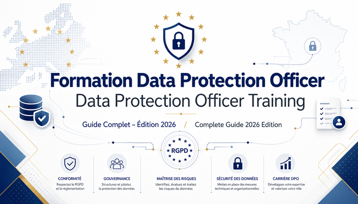 Data Protection Officer Training banner with French and English text, featuring icons for GDPR compliance, data security, risk management, and career development, along with European and French maps.