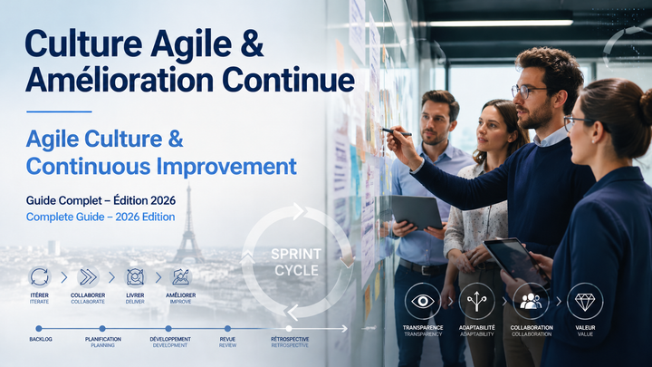 Professional Agile culture banner with bilingual typography and a team brainstorming in a modern office setting, featuring sprint cycles and Agile icons.