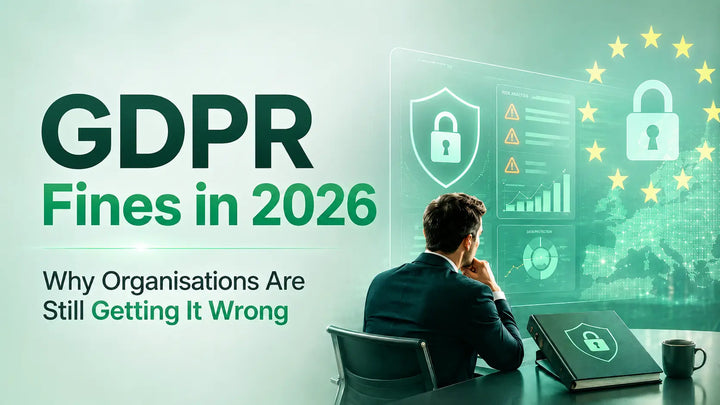 GDPR fines in 2026 with green compliance dashboard, EU data protection visuals, and risk analysis.