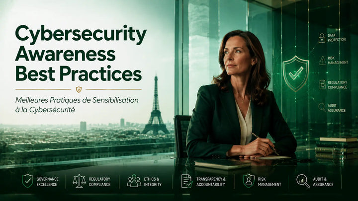 Corporate executive in a glass office with cybersecurity awareness icons and Paris skyline, emphasizing governance, compliance, and risk management.