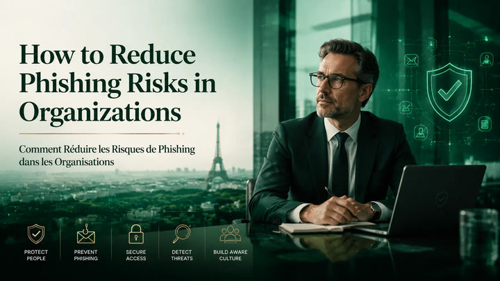 Executive in modern corporate office reviewing strategies to reduce phishing risks, with bilingual title and emerald-green compliance theme