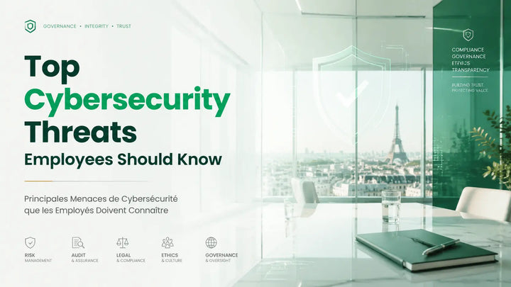 Modern corporate infographic highlighting top cybersecurity threats for employees, with governance and compliance icons, Paris cityscape, and emerald-green design accents.