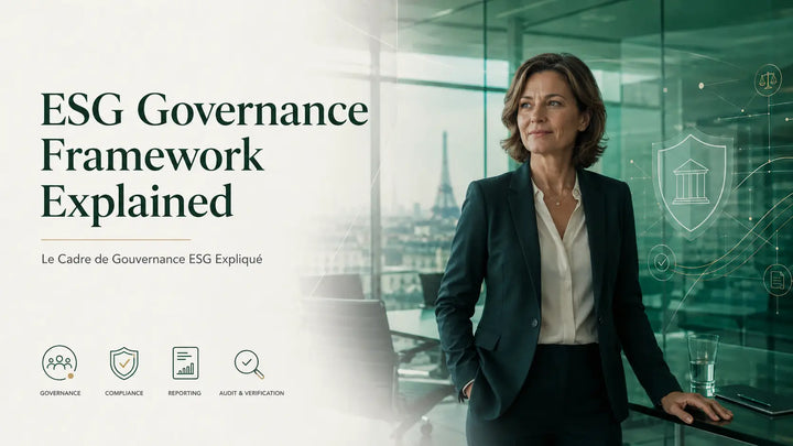 ESG governance framework cover image with executive leader, compliance icons, and Paris corporate office background.