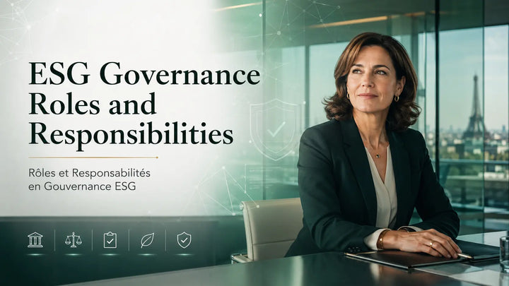 Executive ESG governance roles and responsibilities cover image with compliance leader in a premium corporate office.