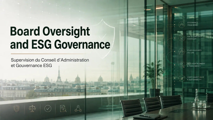 Board oversight and ESG governance hero image with Paris skyline, executive boardroom, compliance icons, and emerald corporate design.