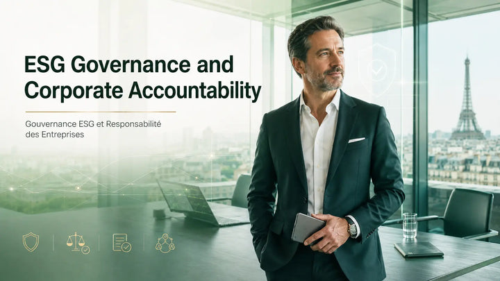  ESG governance and corporate accountability hero image with executive leader in Paris boardroom
