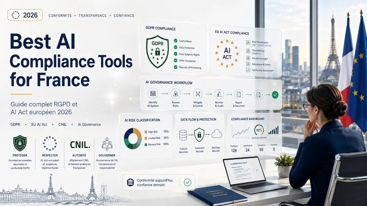AI compliance dashboard in modern French office with GDPR and EU AI Act governance visuals