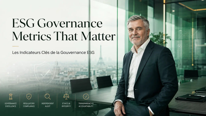 ESG governance metrics editorial banner with compliance executive in a Paris corporate boardroom