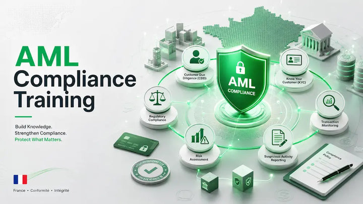 AML compliance training visual with green shield and financial crime prevention lifecycle.