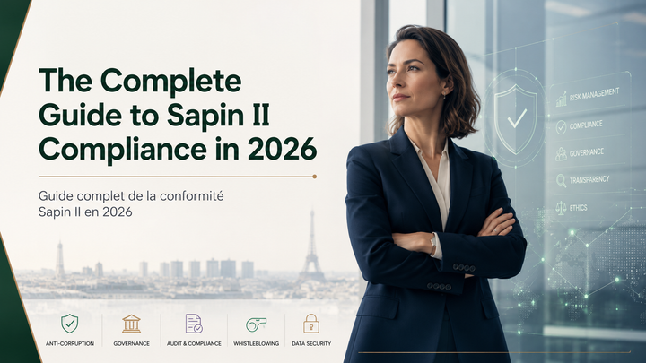 Sapin II compliance guide 2026 with governance, anti-corruption, and data security visuals