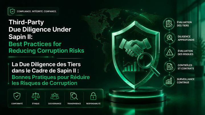 Infographic illustrating best practices for third-party due diligence under Sapin II, including risk assessment, background checks, contractual safeguards, and continuous monitoring, with English and French text and 3D compliance icons.