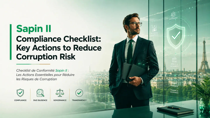 Sapin II compliance checklist banner with executive, Paris skyline, and governance icons