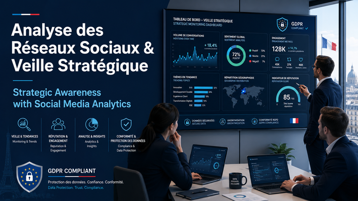 Bilingual corporate dashboard scene showing executives reviewing social media analytics, sentiment tracking, and GDPR-compliant strategic monitoring data.