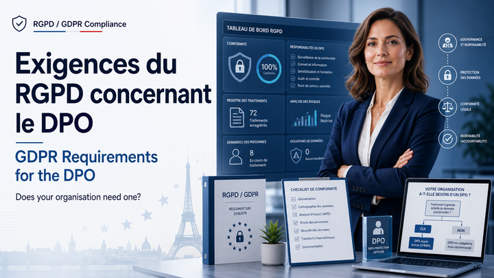 Professional GDPR/RGPD compliance blog hero image featuring French and English DPO requirements text, a confident privacy officer, compliance dashboard, checklist, lock icon, RGPD/GDPR document, and subtle French/EU regulatory visuals.