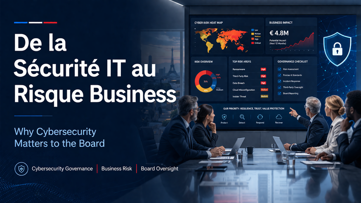 Boardroom leaders reviewing a cybersecurity risk dashboard with French headline “De la Sécurité IT au Risque Business” and English subtext “Why Cybersecurity Matters to the Board,” highlighting cyber risk as a board-level business issue.