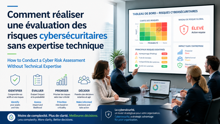 Business leaders in a boardroom discussing a cyber risk assessment displayed on a digital screen, with bilingual French and English headlines on the left.