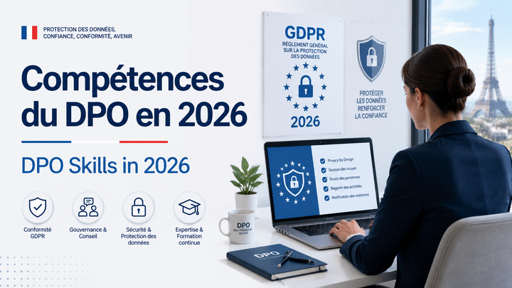 A professional office scene with a woman at a desk, showcasing "Compétences du DPO en 2026" and "DPO Skills in 2026" in French and English.