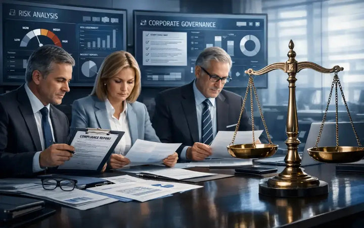 Corporate compliance and governance team reviewing risk analysis and anti-corruption reports in a boardroom, with a balance scale representing legal oversight and ethical standards.