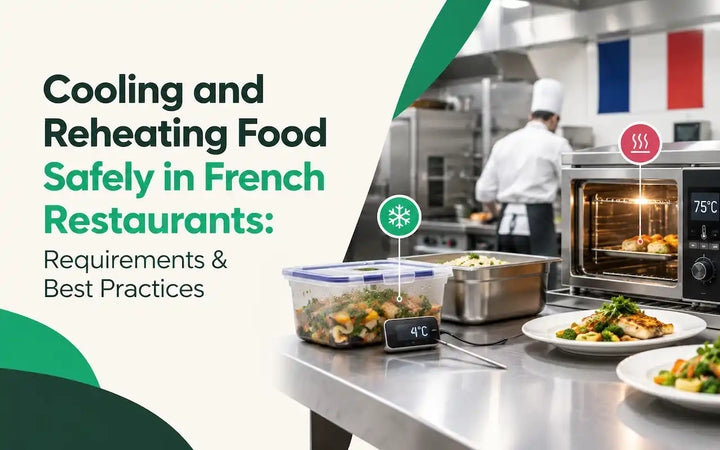 Cooling and reheating food safely in French restaurants, showing chilled food at 4°C and reheated food at 75°C in a professional restaurant kitchen.