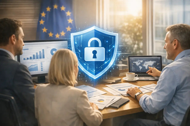 Alt text: Business professionals reviewing GDPR compliance and cybersecurity reports in a corporate office with digital data protection shield graphics and the European Union flag in the background.