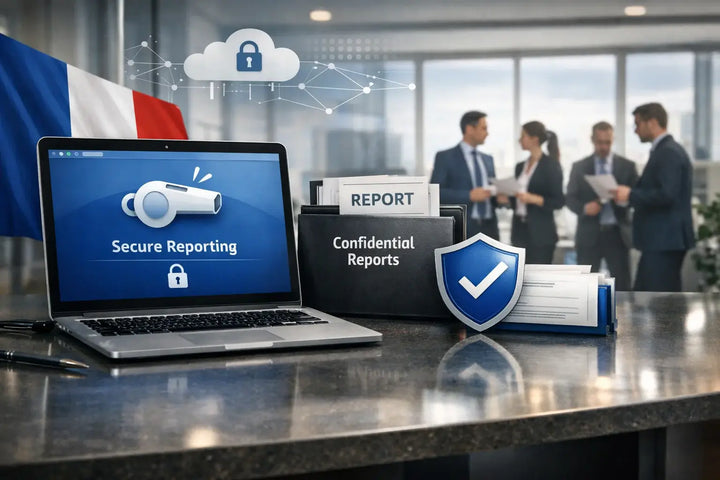 Secure whistleblowing reporting system and GDPR-compliant confidential reports displayed on a laptop during a corporate compliance and data protection meeting in France.