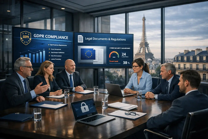 Réunion d'entreprise sur la conformité au RGPD avec des professionnels discutant de la protection des données, de la cybersécurité et des réglementations numériques dans un bureau moderne avec vue sur la Tour Eiffel.