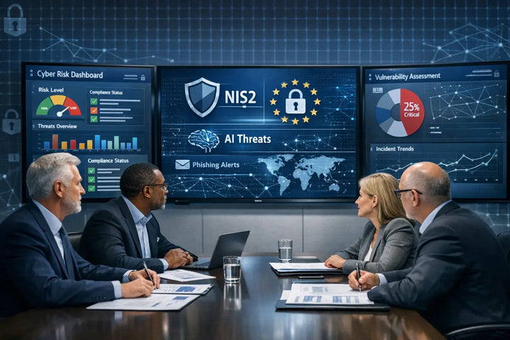 Réunion d'équipe de direction sur la cybersécurité et la conformité NIS2, avec des professionnels analysant des tableaux de bord des risques cyber, des évaluations de vulnérabilité et des menaces d’IA dans un bureau moderne.