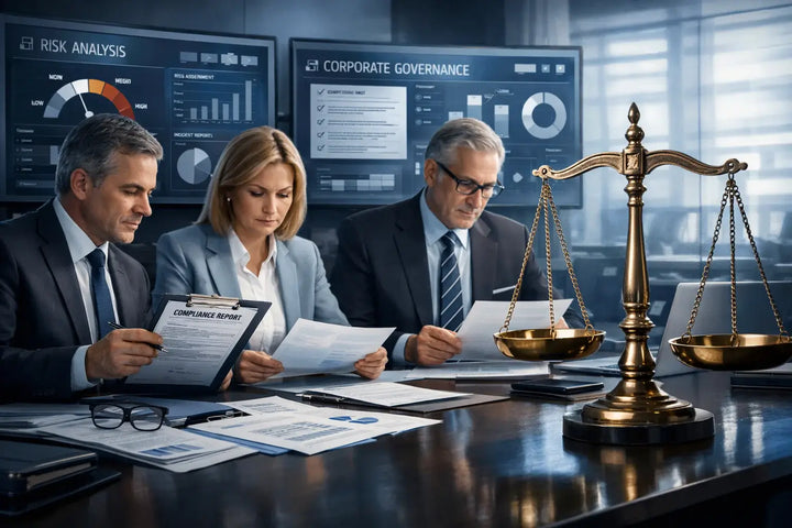 Corporate compliance and governance team reviewing risk analysis and anti-corruption reports in a boardroom, with a balance scale representing legal oversight and ethical standards.
